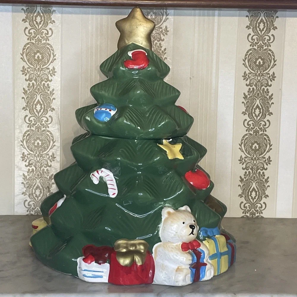 Vintage Ceramic Two Piece Christmas Tree Cookie Jar QVC Teddy Bear Star Horse